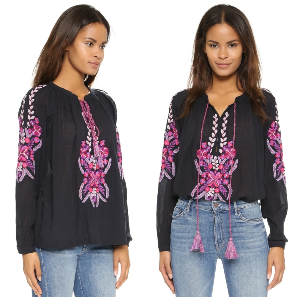Antik Batik Embroidered Long Sleeve Top Black Pink Purple Small